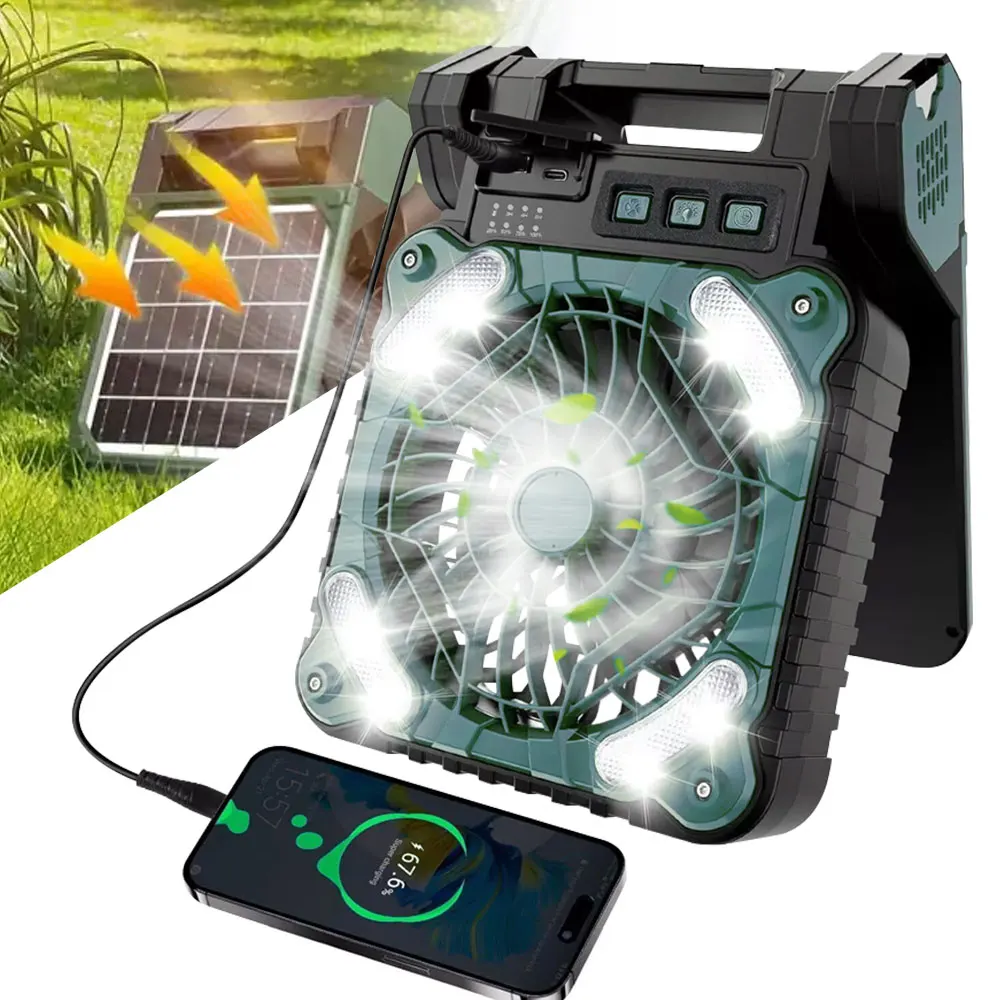 Portable Camping Solar Powered Fan 10400mAh 9inch Rechargeable Battery  Operated Tent Fan with LED Light and Solar Panel