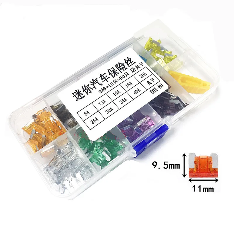 90PCS Mini Fuses Box 9 Kinds Of 5A-40A Auto Insurance Inserts With Safety Clip