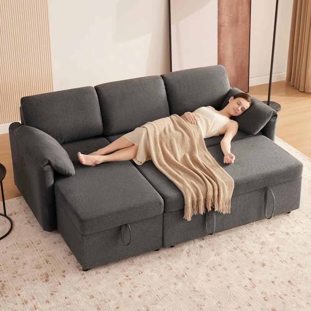Sleeper Sofa Couch with Pullout Bed, Sofa Bed Couch with USB & Storage Chaise