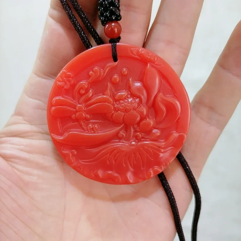 

Natural Chicken Blood Jade Hand Carved Lotus Pendant Fashion Boutique Jewelry Men's and Women's Raw Dragonfly Necklace Gift