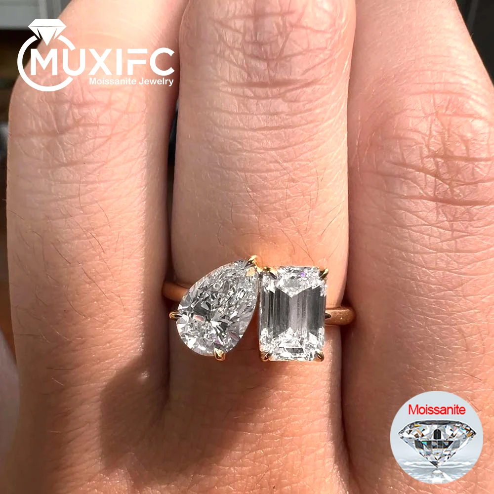 

3-каратное обручальное кольцо с муассанитом и сертификатом, сверкающее 2 камня, груша/изумрудная огранка, лабораторное обручальное кольцо с бриллиантами, серебро S925, подарок