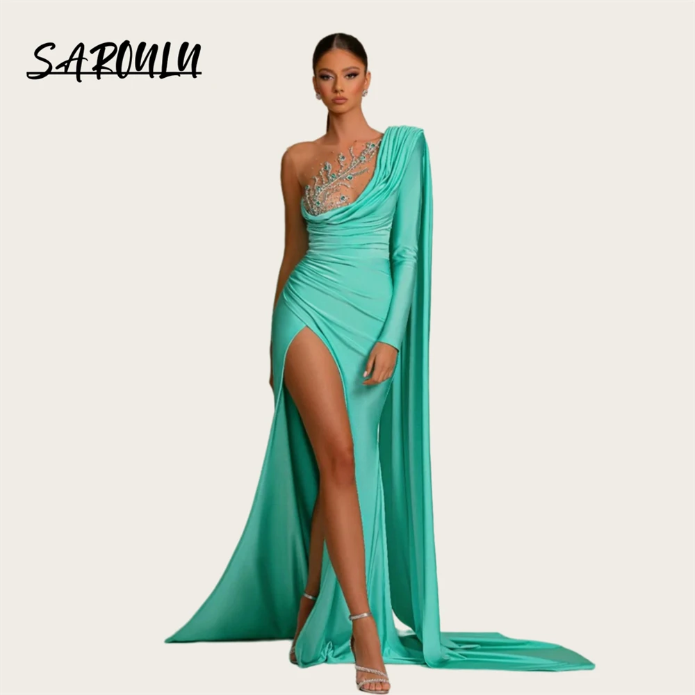 

Heavy Handwork One Shoulder Prom Dress With High Side Slit Soft Satin Beaded Formal Dresses For Women 2024 Party Gown