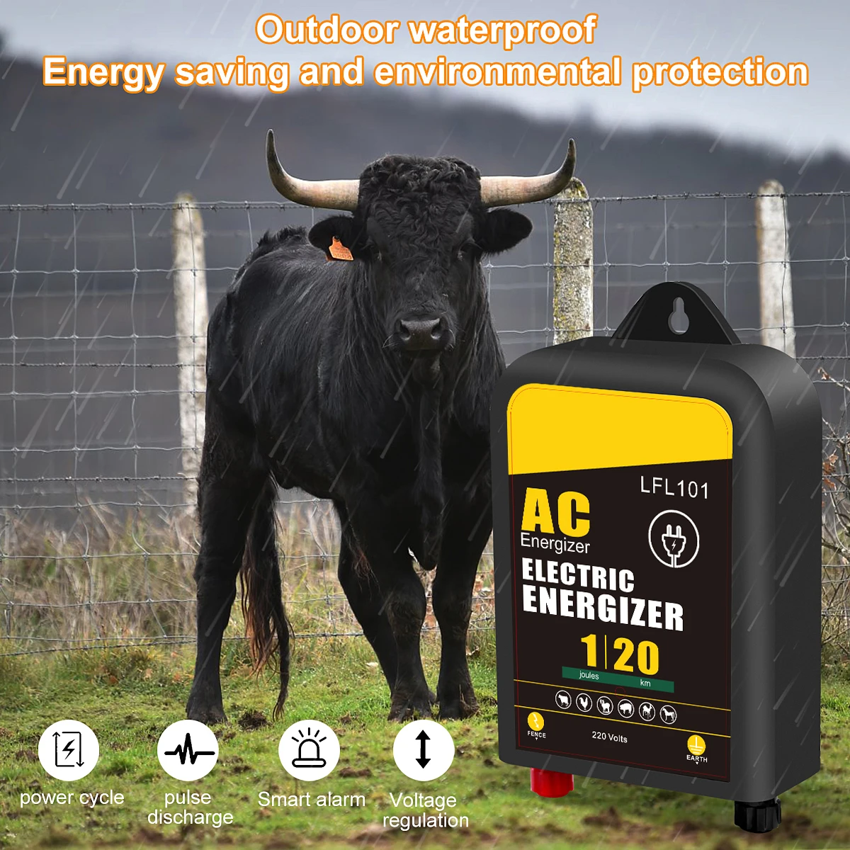 Energizador de valla Pastor eléctrico para ganado, animales, perros, granja, voltaje de pulso accionado por CA, valla eléctrica impermeable para exteriores, 2-20KM