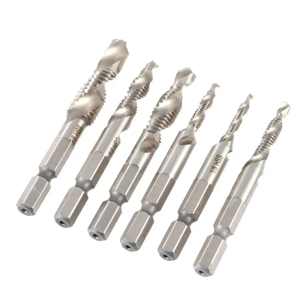 6Pcs Titanium HSS Combination Drill Tap Bit Countersink Hex Shank M3-M10