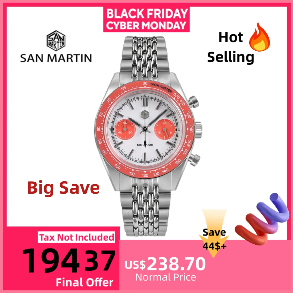 

Часы San Martin с хронографом, мужские кварцевые наручные часы VK64, 39,5 мм, оригинальные спортивные часы с секундным сапфиром, водонепроницаемые, 10 бар, SN0116JS
