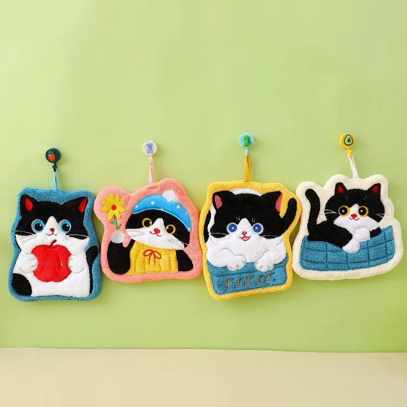 

Cartoon Coral Velvet Hand Towel For Kitchen Kawaii Cat Hand Wipe Cleaning Cloth Bathroom Hanging Towel Absorbent Clean Rag