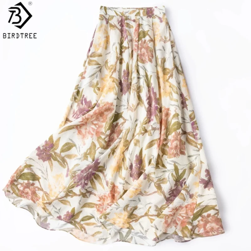 

Birdtree, 100% Real Silk Print Skirt, Women's Bubble Crepe Double Layer Elegant Skirts, Elastic Waist, 2026 Summer New D64838JF