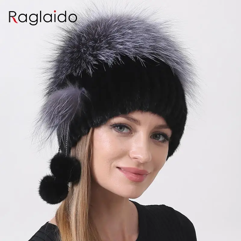 

Women's Mink & Fox Fur Hat - Natural Real Fur Knitted Beanie with Pompoms, Warm Elastic Winter Trapper Cap for Ladies