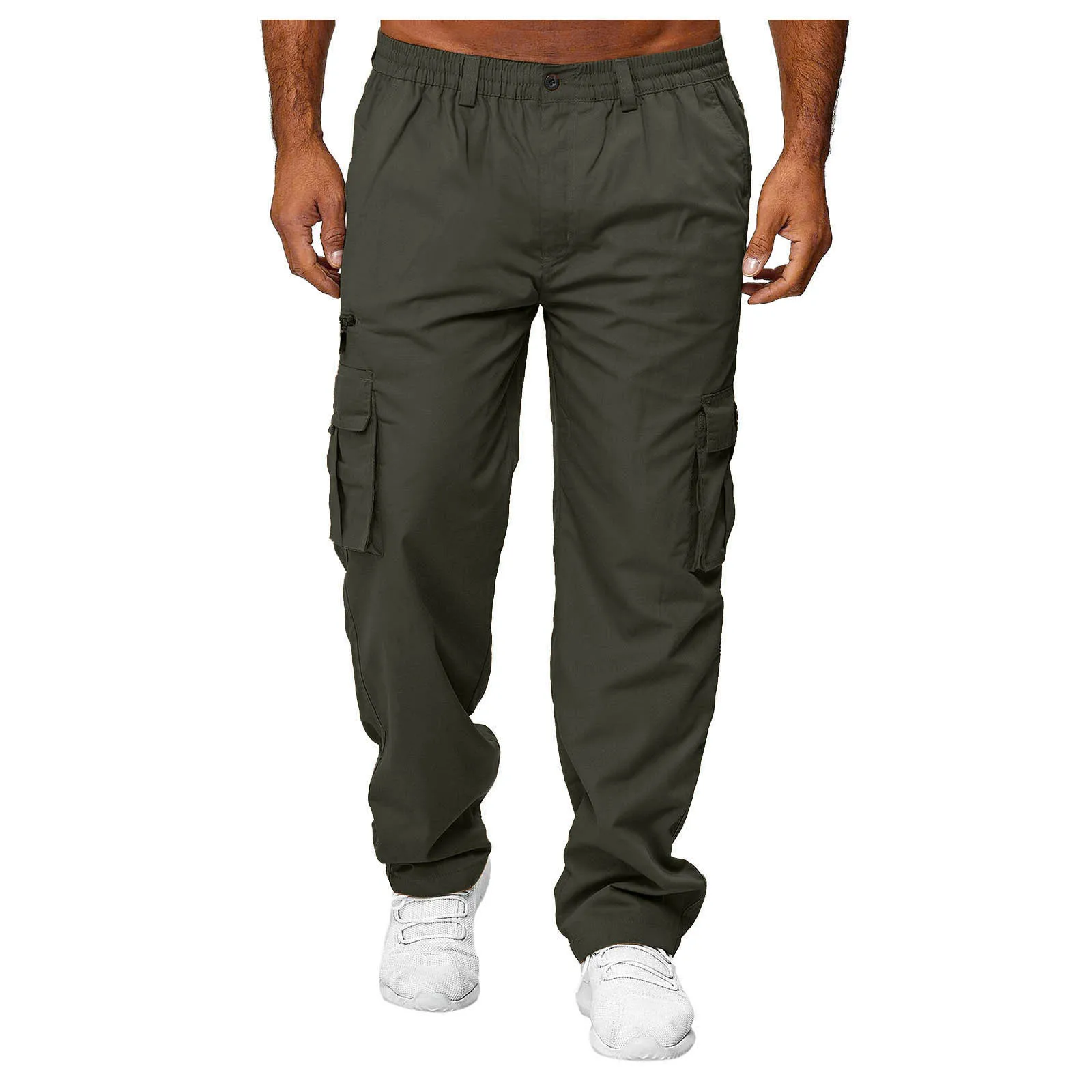 Men'S Cargo Pants Summer Button Zip Stretch Waist Fitting Trousers Casual Multi-Pocket Straight Pants Sports Outdoor Wear Pants