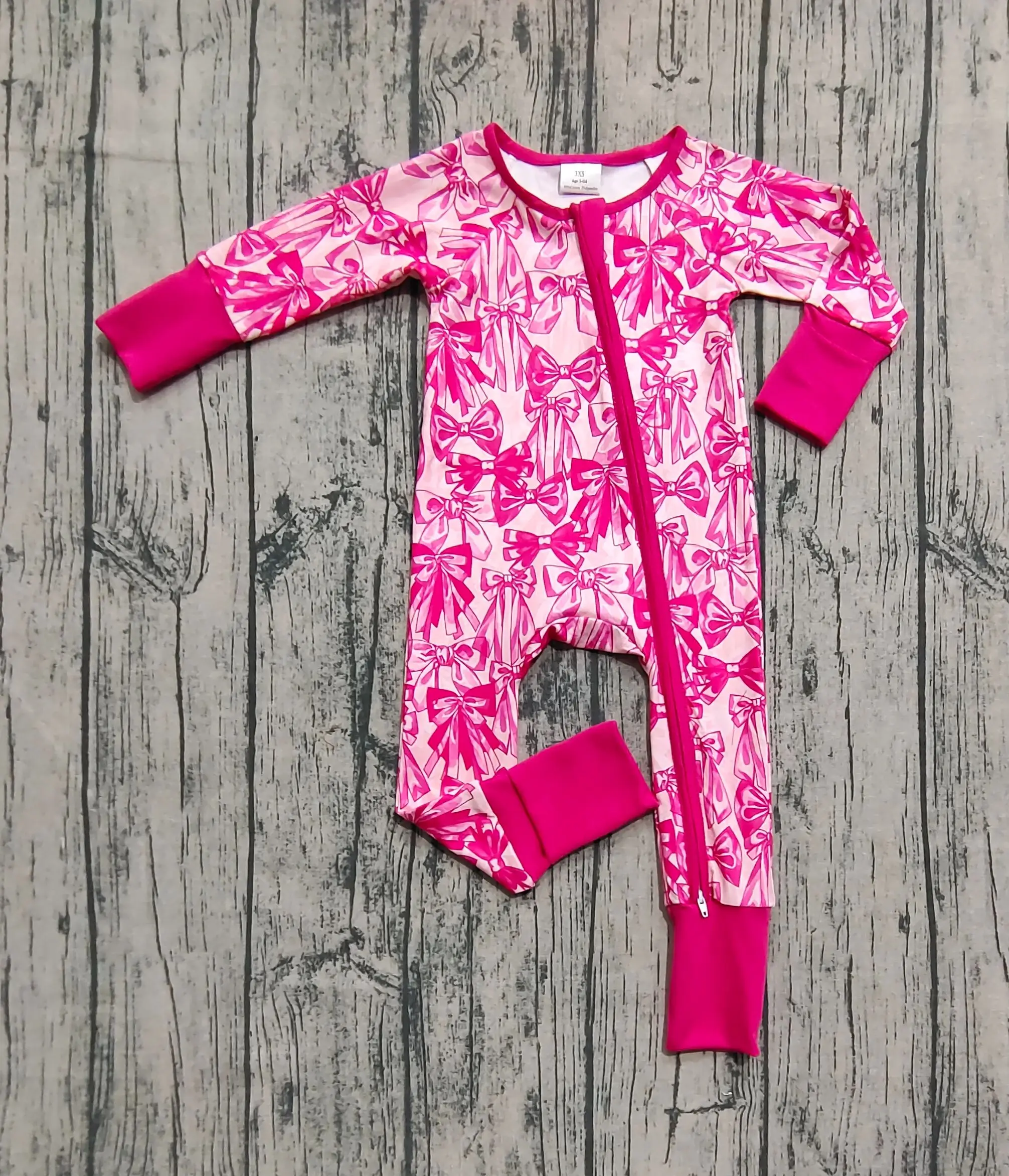 Wholesale Toddler Newborn Kids Coverall Bodysuit Infant Children Spring Fall Clothes Long Sleeves Girl Bows Pink Zipper Romper