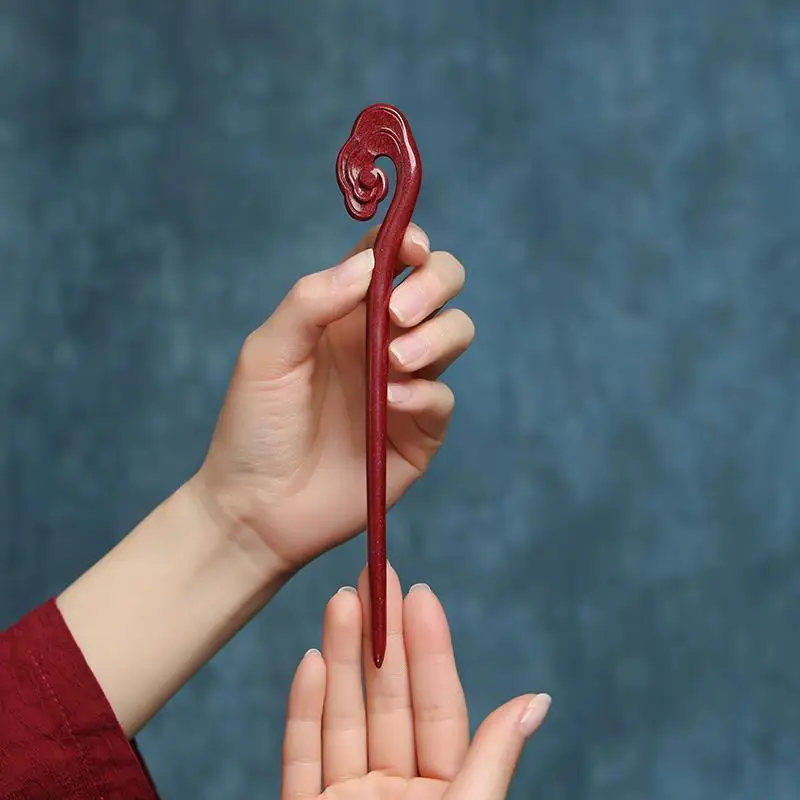 Chinese Style Lucky Cinnabar Hairpin Vintage Minimalist Retro Women Hair Stick Traditional Good Fortune Blessing Bring Wealth