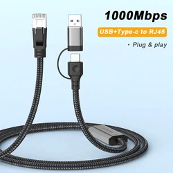 1000Mbps Ethernet Adapter RJ45 to USB A to Type C Gigabit Network Card Cable 2 in 1 Adapter For Switch iPhone 15 16 Pro Macbook
