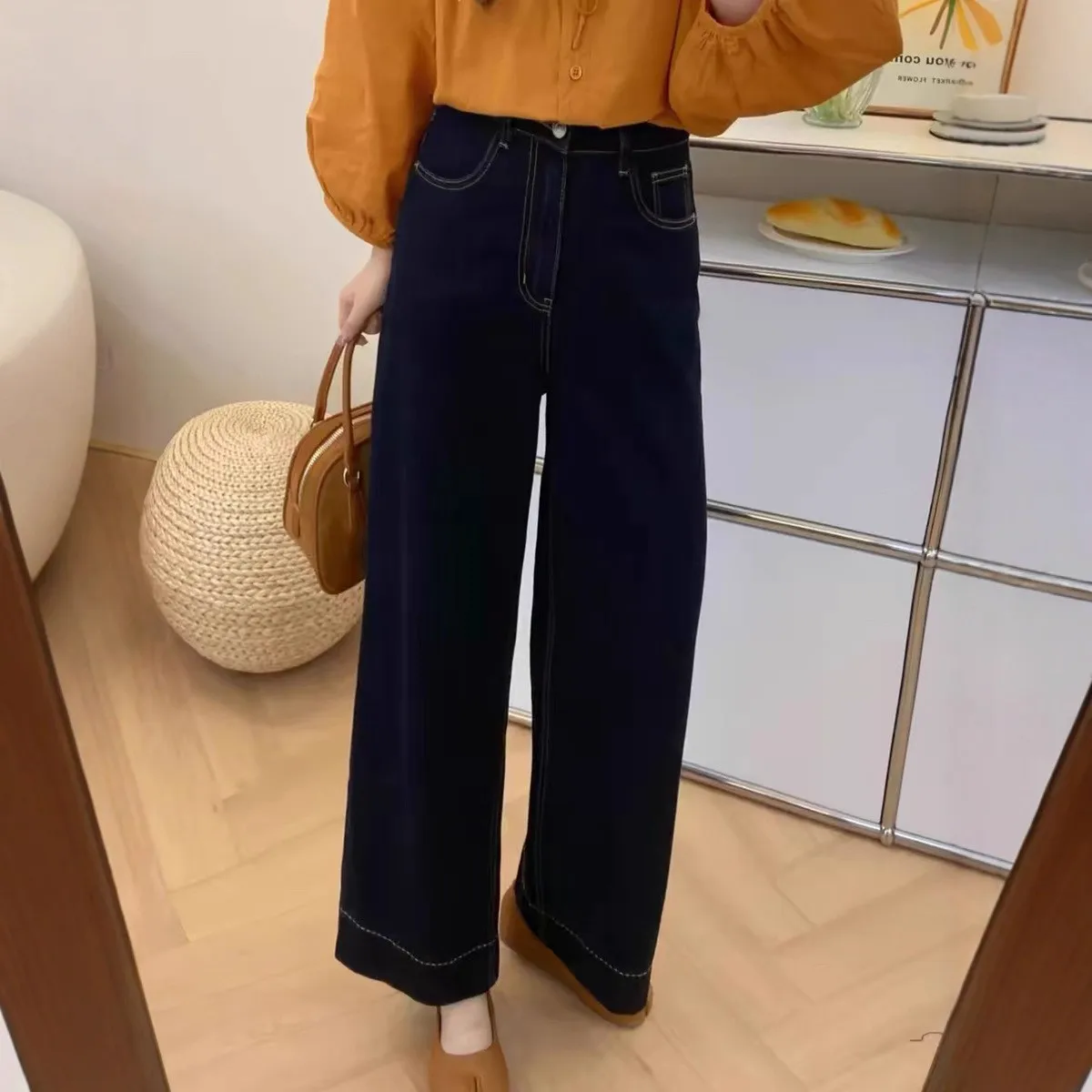 

Джинсы с высокой талией и прямыми штанинами, женские повседневные брюки свободного кроя для весны и осени, универсальные, с эффектом похудения, широкие штанины