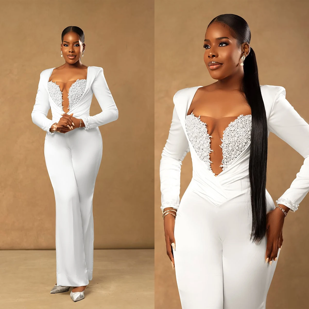 

Luxurious V Neck Blazer Jumpsuit Fancy Slim Fit Full Sleeve Pearls Party Dress Customized Power Gown