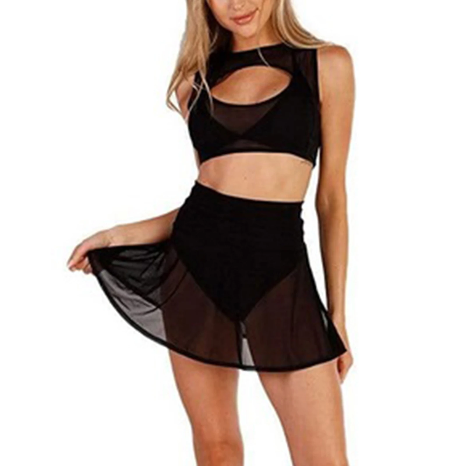 

Women Sheer Skirt 2023 Summer Clothes High Waist Sexy Black Mini Pleated Skirt See Through Uniform Beach Cover-ups