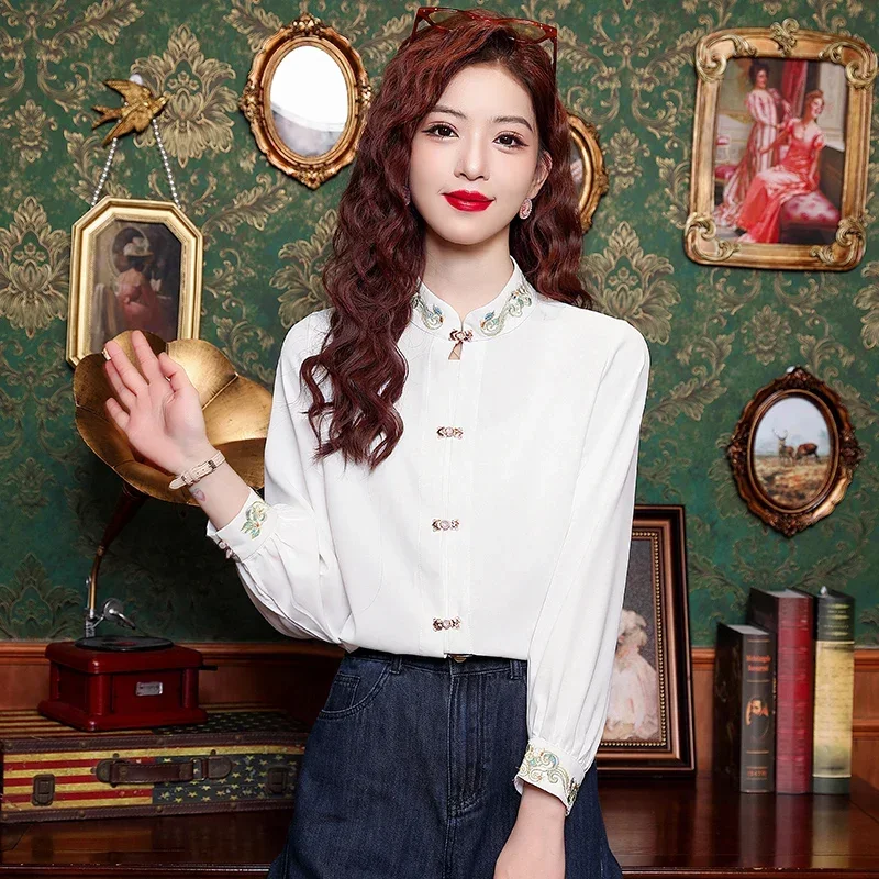 Women's Size New Chinese Style Standing Collar Embroidered Shirt for Women's Spring with A Versatile and Slimming Design