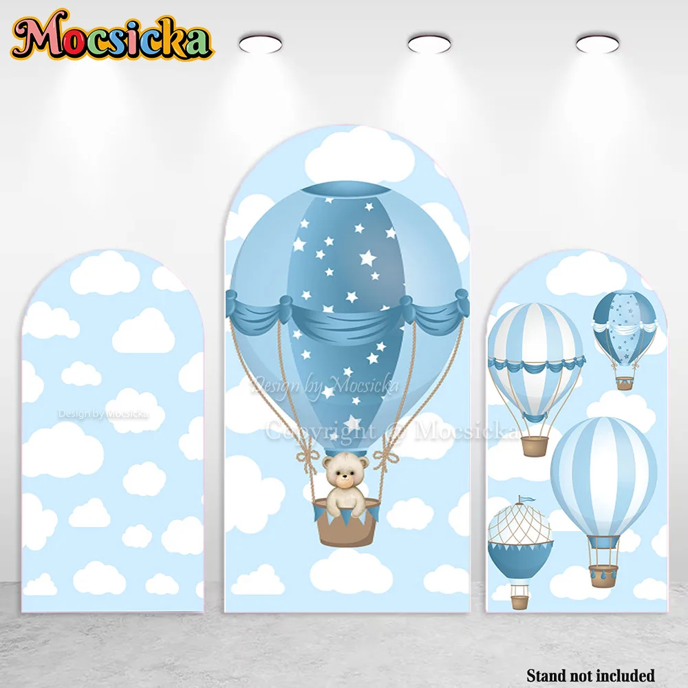 

Mocsicka Bear Baby Show Arch Backdrop Photography Blue Hot Air Balloon Cloud Background Newborn Gender Reveal Photobooth Studio