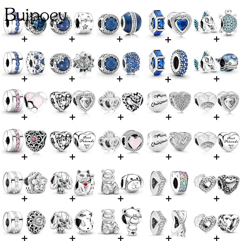 Buipoey 2pcs/lot Silver Color Heart Beads Blue Snowflake Crystal Charm Animal Cat Dog Fish Hedgehog Beaded Fit DIY Accessory