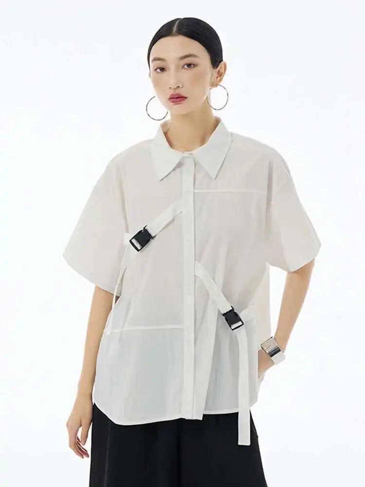 

Women Black Buckle Spliced Big Size Casual Blouse New Lapel Short Sleeve Shirt Fashion Tide Spring Summer
