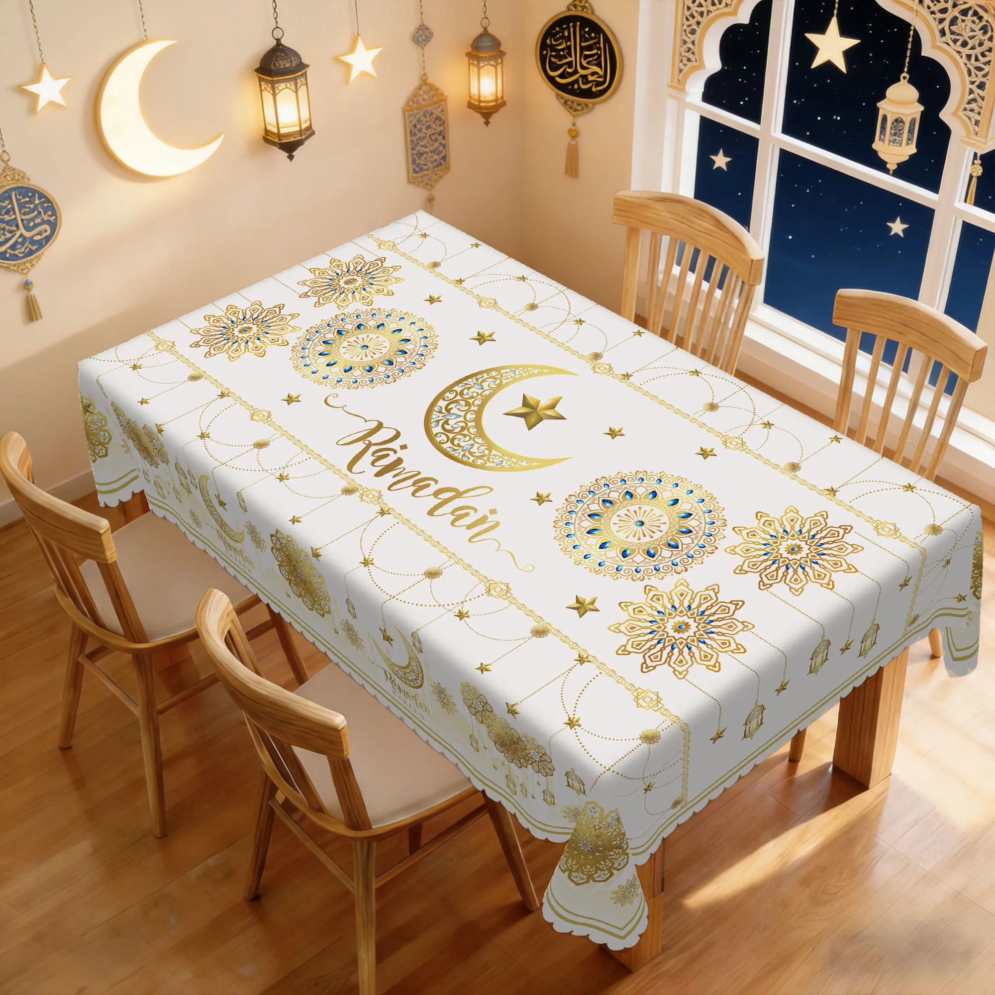 1 Piece of Ramadan-Themed White Gold Round Tablecloth, Available in 5 Sizes, with a Core Decoration Featuring a Gorgeous Gilded Texture of Stars and Moon Combined with Geometric Patterns, and a Printed Round Tablecloth Featuring Lantern Outlines, Starburst Patterns, and Other Iconic Ramadan Elements; Embossed Edges, Suitable for Home Dining Tables during Ramadan, for Everyday Family Dining Rooms, Living Room Settings, and as a Spring Decoration