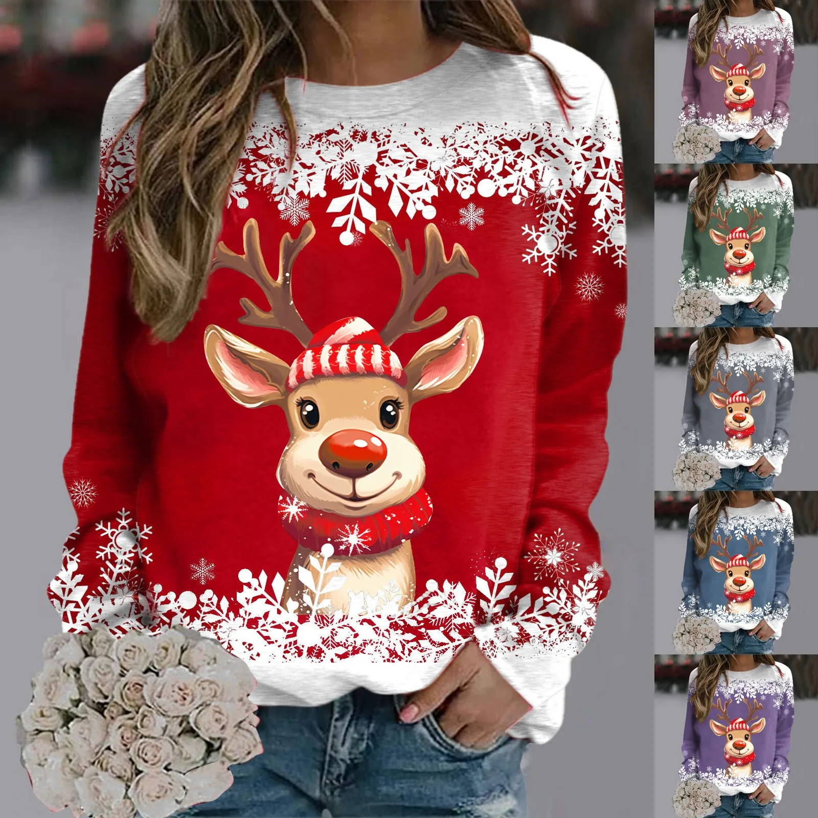 Teen Girls Long Sleeve Crewneck Sweatshirt Sweaters For Women Christmas Cute Reindeer Graphic Xmas Shirts Fleece Clothes Women