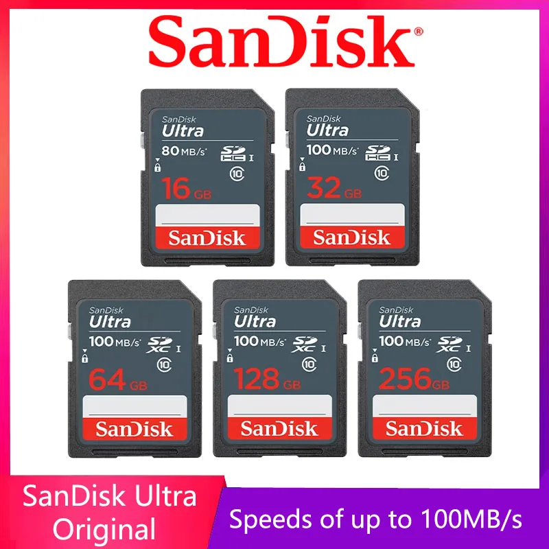 SanDisk Ultra Original SD card 16GB Speed 80MB/s 32GB 64GB 128GB 256GB 100MB/s SDHC/SDXC C10 4K FULL HD USH-1 Support for Camera