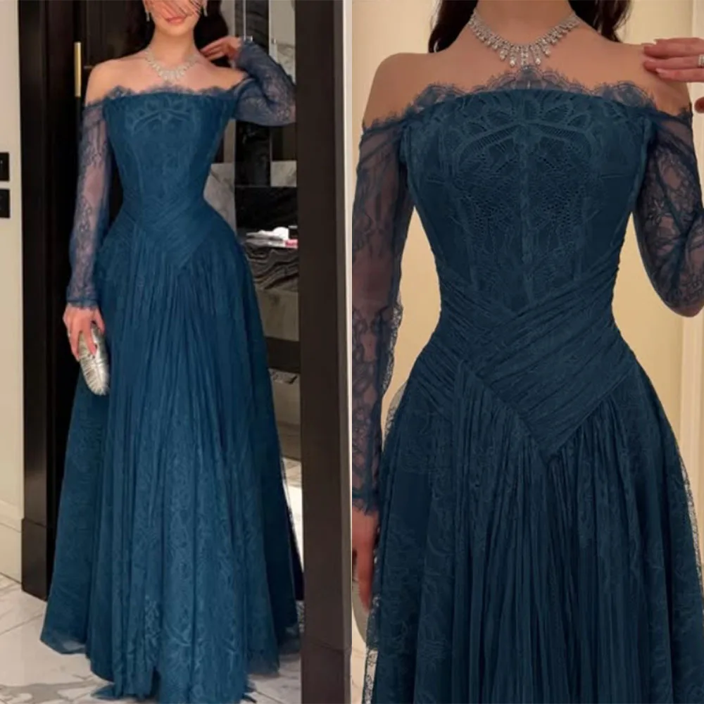 

High Quality Customized Deep Blue Off Shoulder Lace Maxi Dress Long Sleeve Sheer Pleated Formal Evening Gown Robes De Soirée