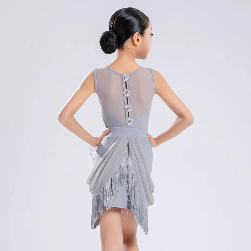 Latin Dance Costume Girls Dance Performance Clothes Black Mesh Tassels Skirt Set Dancewear Children Training Clothing XH2888