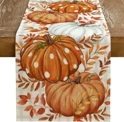 Fall Pumpkin Maple Leaves Linen Table Runners Autumn Thanksgiving Buffalo Plaid Check Farmhouse Party Kitchen Dining Table Decor