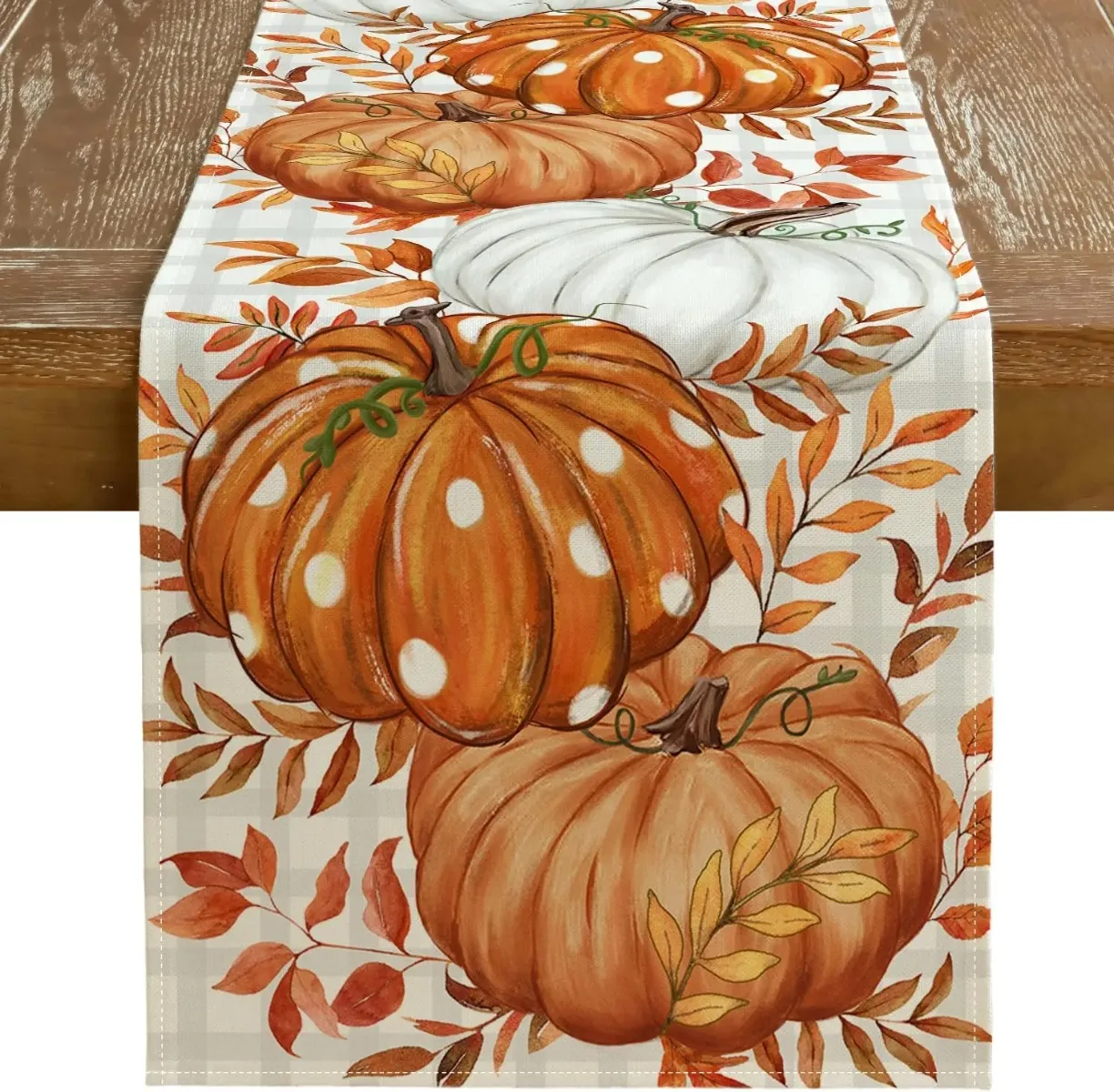 Fall Pumpkin Maple Leaves Linen Table Runners Autumn Thanksgiving Buffalo Plaid Check Farmhouse Party Kitchen Dining Table Decor