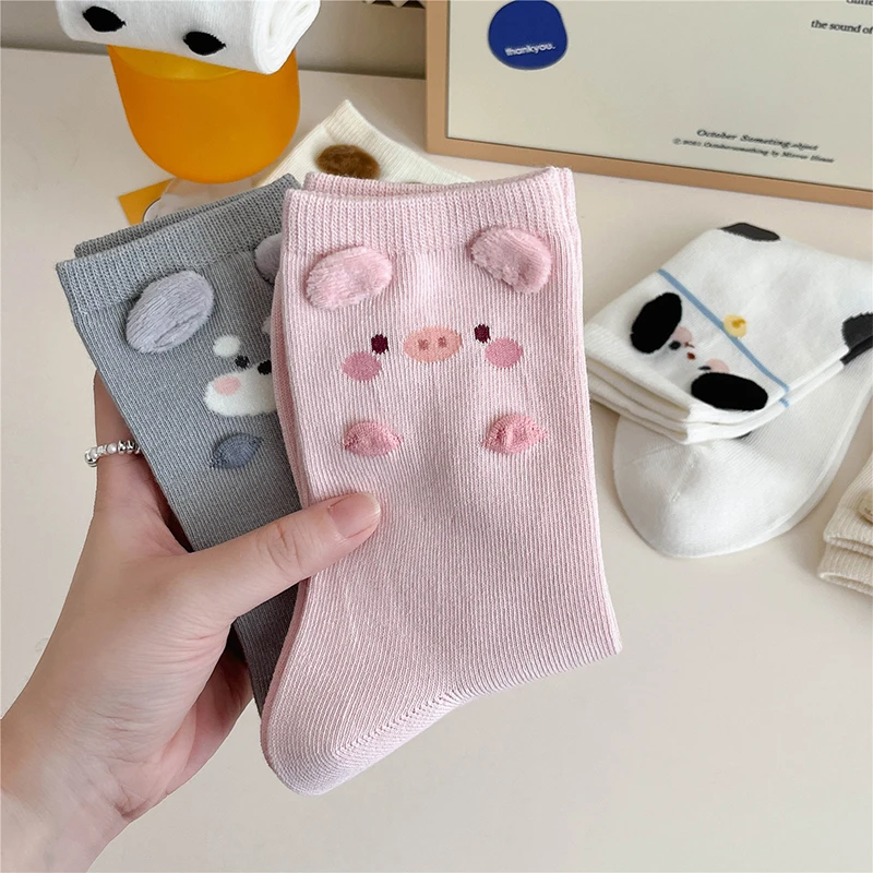 Cartoon Bärenohren-Socken Frühling Herbst Süße Rosa Ohren 3D Schwein Hund Bär Atmungsaktive Mittellange Socken Weiche Bequeme Japanische Socken