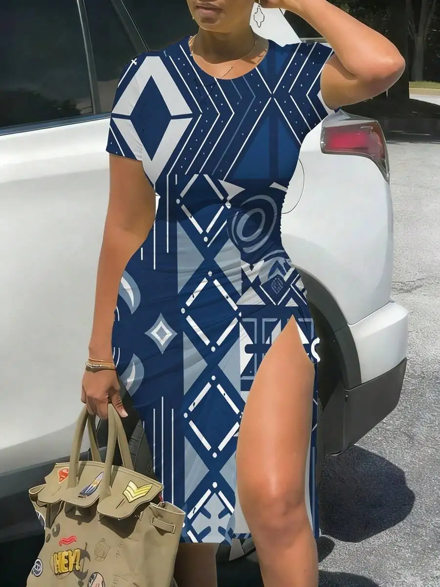 

Women Short Sleeve Fitted Midi Dress With Slit Geometric Blue White Print