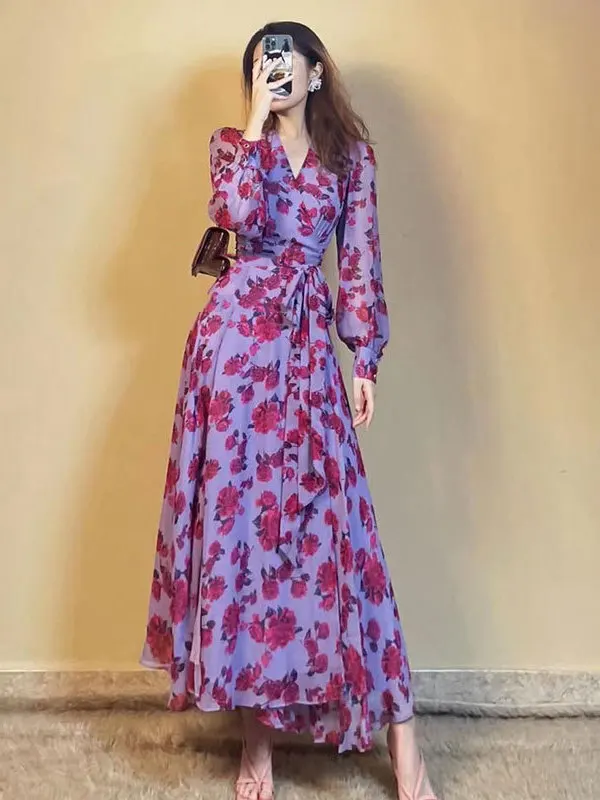 2024 New Leisure Fashion Wear Mature Women's Flower Purple Long sleeved Dress Slim Fit and Slim Split Bohemian Sexy French Y335