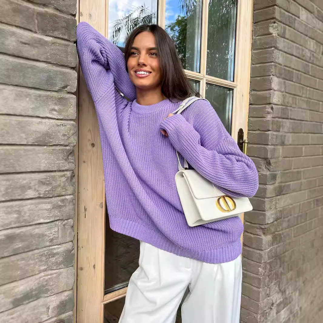 2025 Autumn Casual Loose Knitted Pullover Winter Simple O Neck Long Sleeve Sweater New Elegant Solid Purple Women's Knitwear