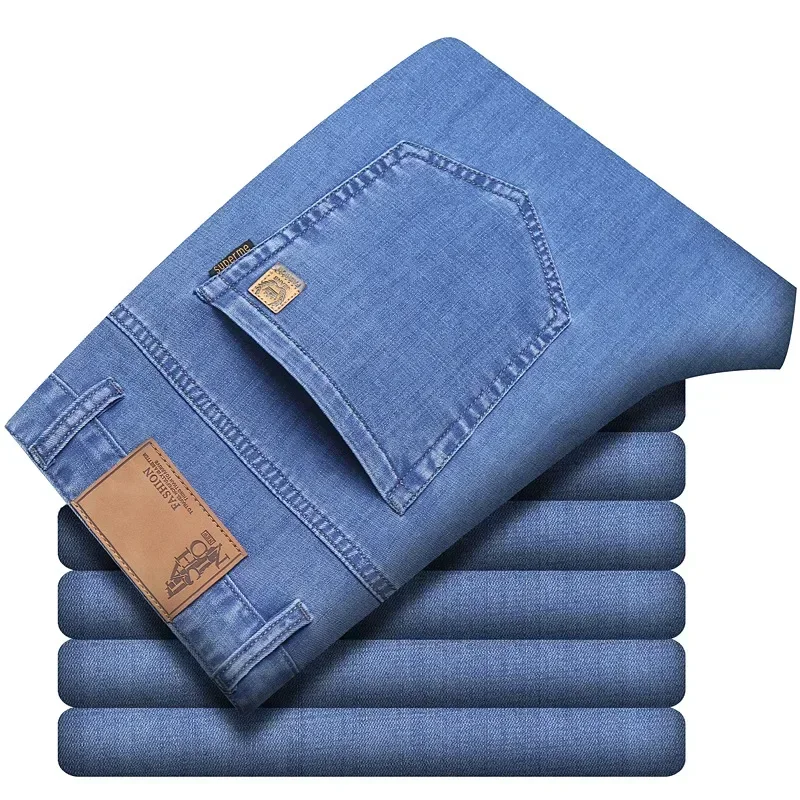 Celana Jeans Pria Musim Semi dan Gugur, Model Lurus, Longgar, Kasual, Stretch, Bahan Sutra Es Musim Panas, Merk Trendi, Celana Panjang, Jeans Pria yang Dicuci