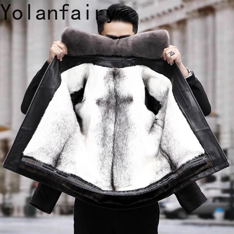 YOLANFAIRY Genuine Cowhide Leather Jackets Man Luxury 2025 Winter Detachable Whole Cross Mink Fur Liner Coat Warm Leather Jacket