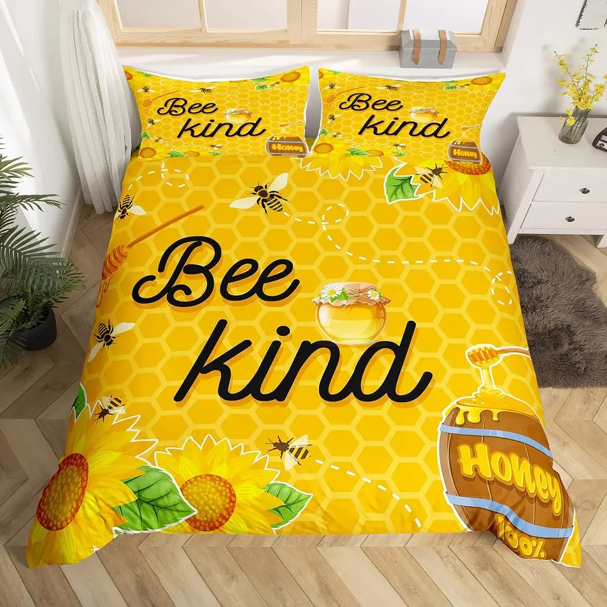 Yellow Bee King Queen Duvet Cover Sunflower Ditsy Floral Comforter Cover Kid Cartoon Honey Bee Bedding Set Polyester Quilt Cover