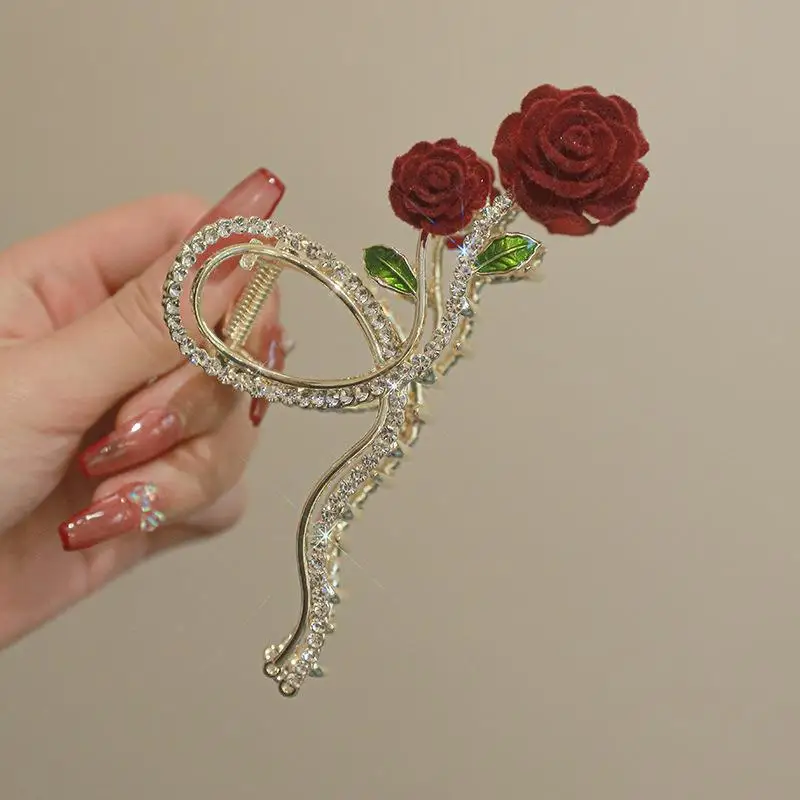 Retro New Rhinestone Rose Grasp Clip Women\'s Ponytail Shark Clip Hair Claw Hair Clip Elegant Girl Fashion Hair Accessories