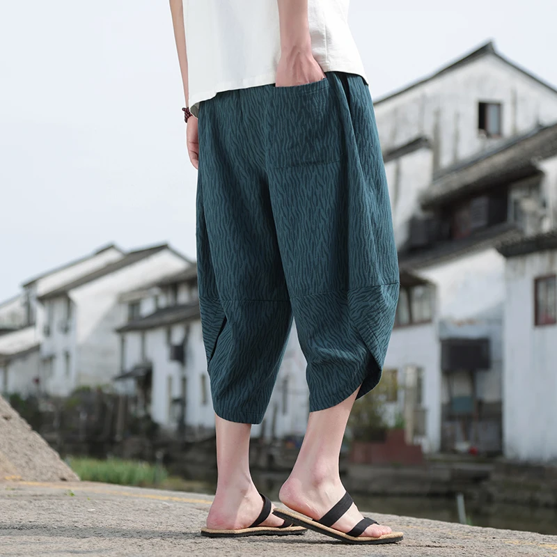 100% Cotton Summer Pants for Men Comfortable Thin Casual Cropped Pants Plus Size Loose Beach Wide Leg Pants