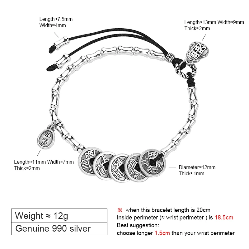 ZABRA 990 Pure Silver Five Emperor Money Bracelet for Women, Retro Bamboo Knot Handstring, Shore Hand Rope Gift