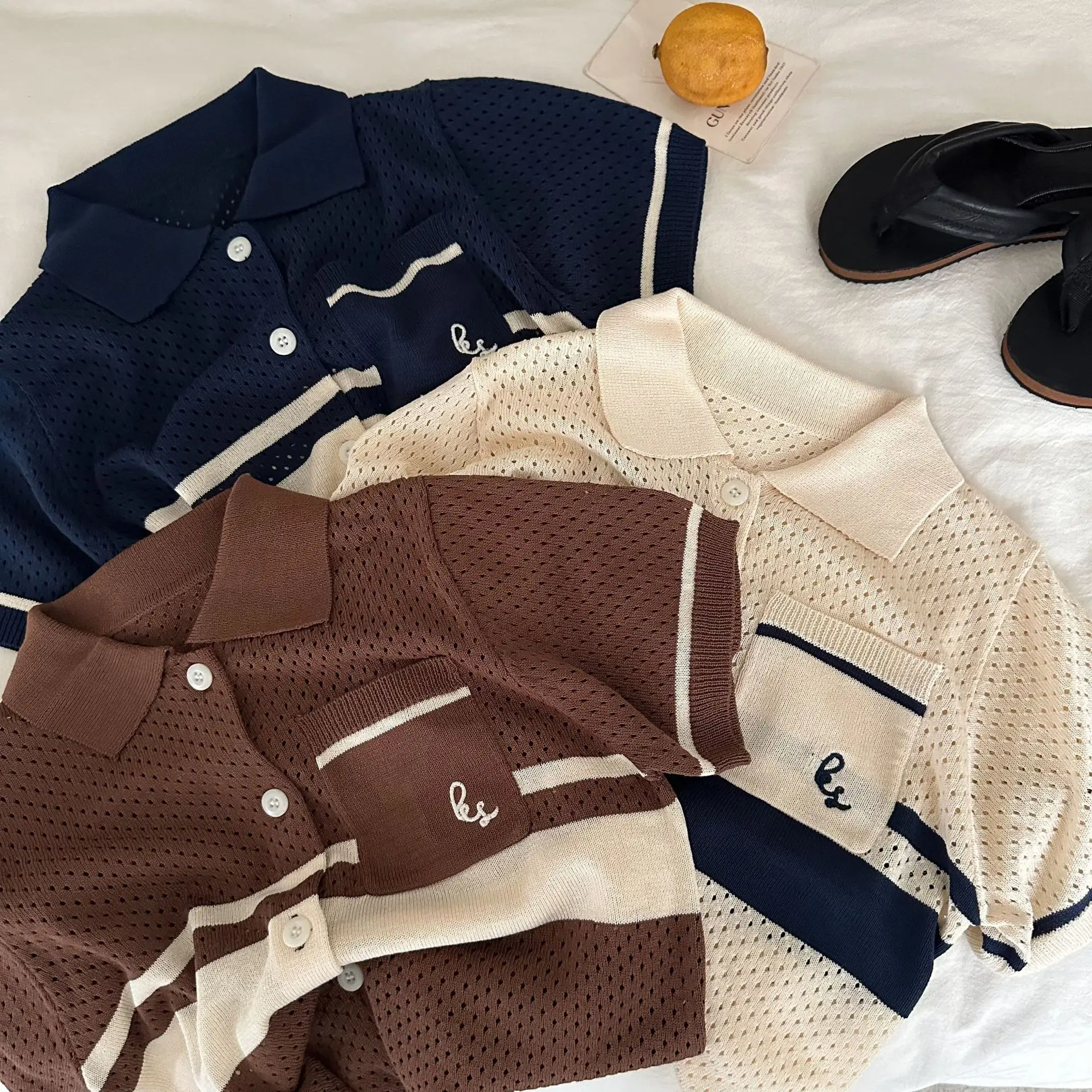 

Kids' Sweater 2024 Summer New Boys and Girls Wool Cardigan Baby Net Hole Sweater with Short Sleeves