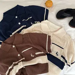 Kids' Sweater 2024 Summer New Boys and Girls Wool Cardigan Baby Net Hole Sweater with Short Sleeves