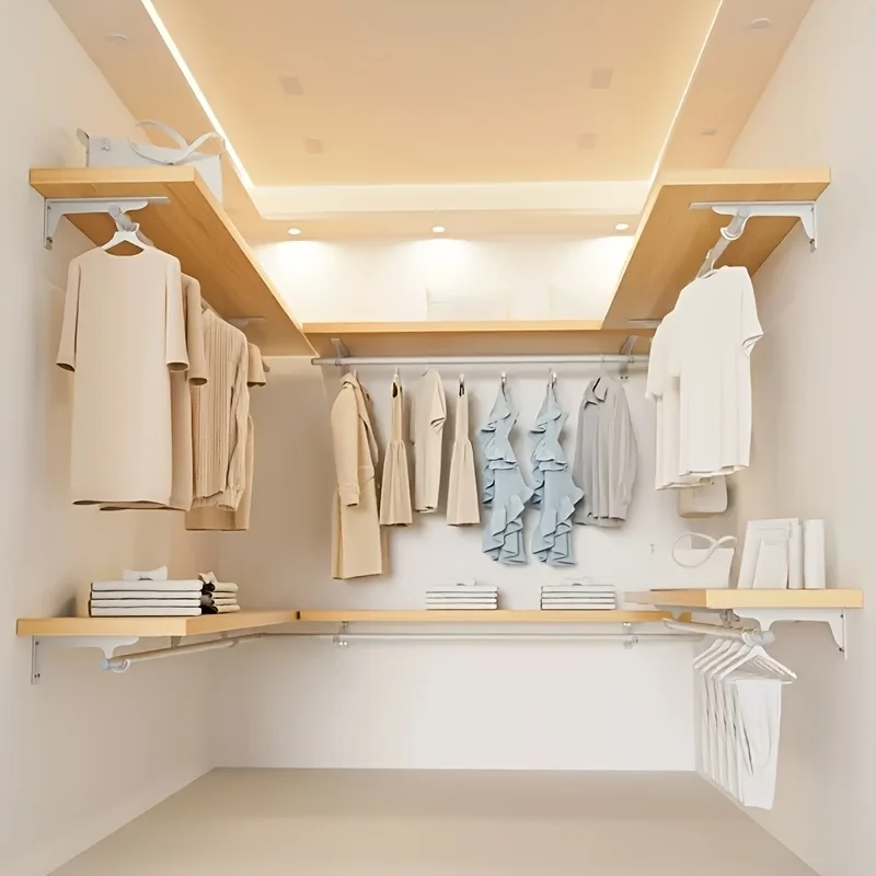 2pcs Closet Rod Bracket, Heavy Duty Wall Mounted Shelf Bracket with Hook Rod Holder for Closet, Curtain, Wardrobe