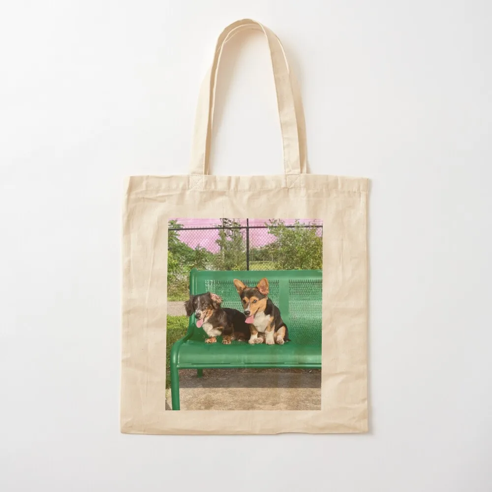 

Puppies on Bench Pink Sky Tote Bag Reusable bags shoping bag eco bag folding Canvas Tote