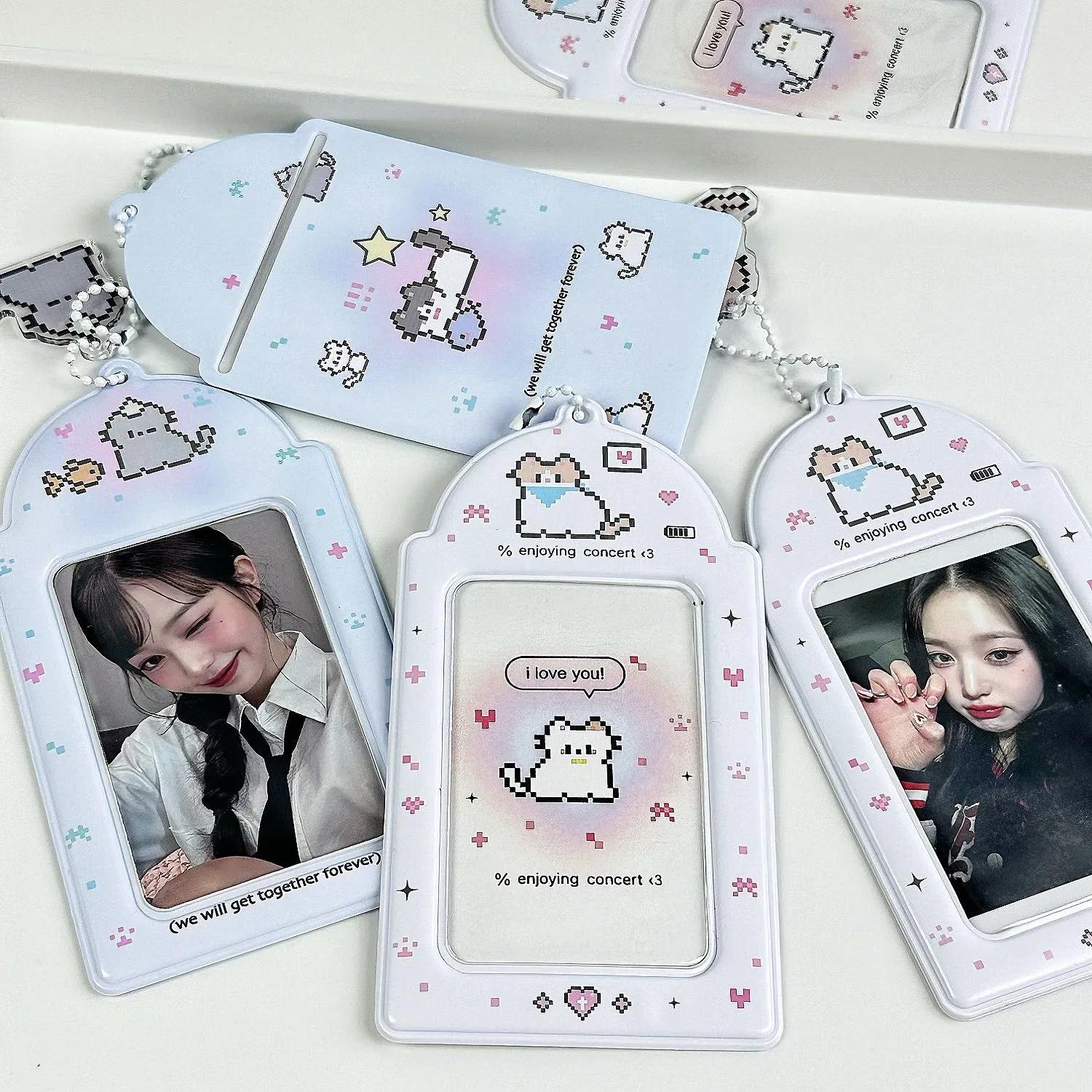 1/2pcs Pixel Kitty Cat Photocard Holder With a Charm Korean Style 3 Inch Kpop Idol Card Case Polaroid Photo Protector