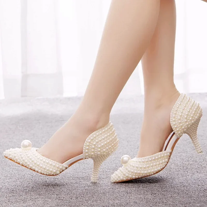 Woman Pumps High Heels Sandals String Bead Slip On PU 7CM Thin Heels Fashion Women Women Dress Sandals Shoes White Stiletto