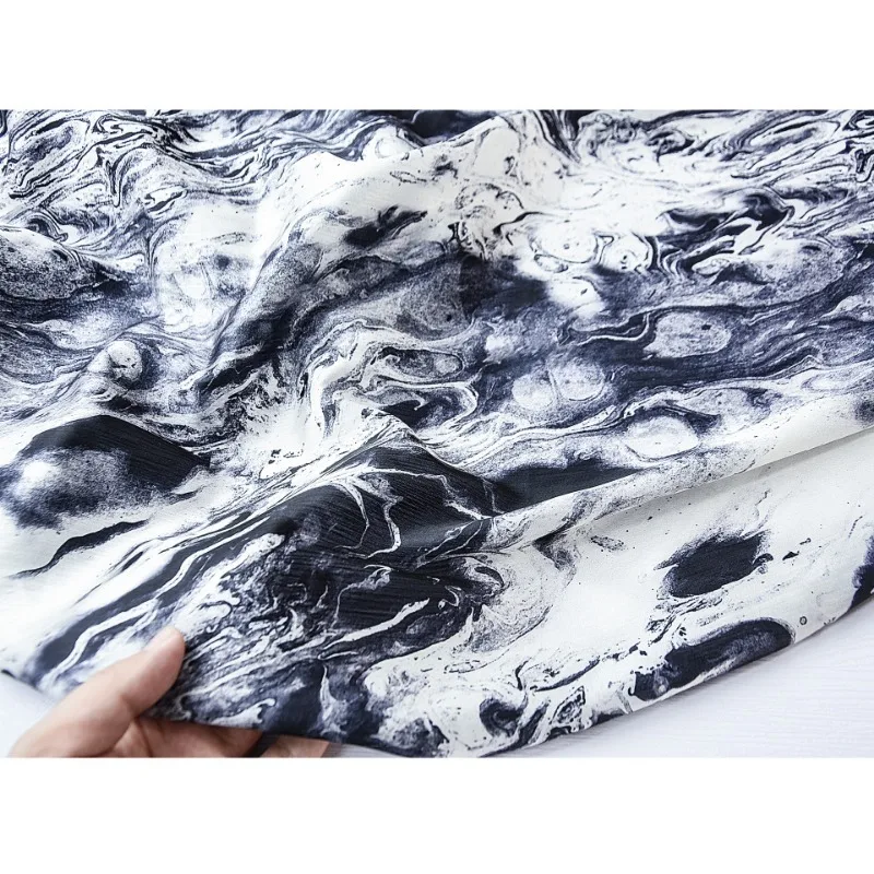 Chinese Style Black Ink Painting Ice Silk Chiffon Fabric Creative Dress DIY Handmade Shirt Designer Fabric Half Meter