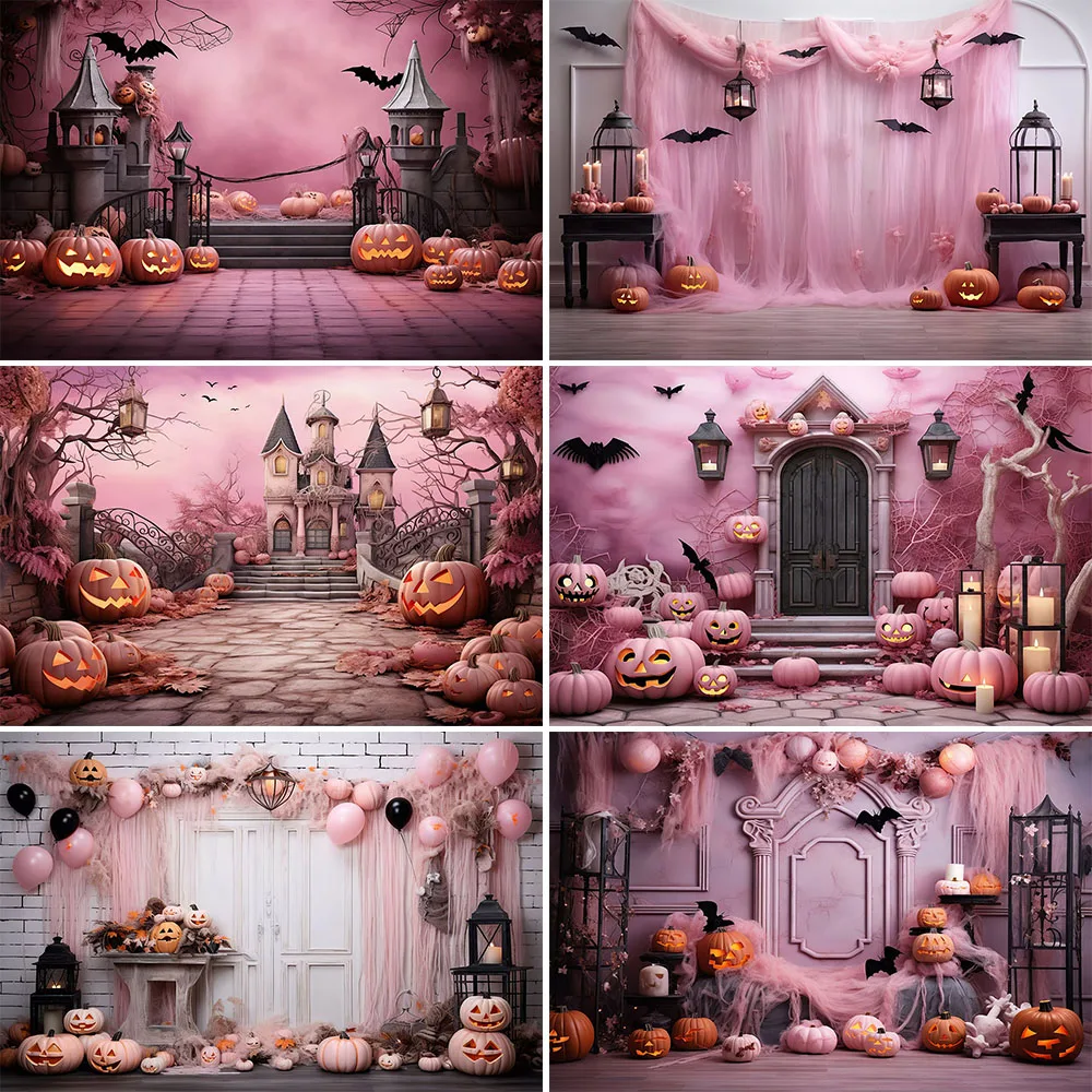 Mocsicka Halloween Photography Background Pink Castle Bat Scary Pumpkin Children Portrait Decoration Background Photo Studio