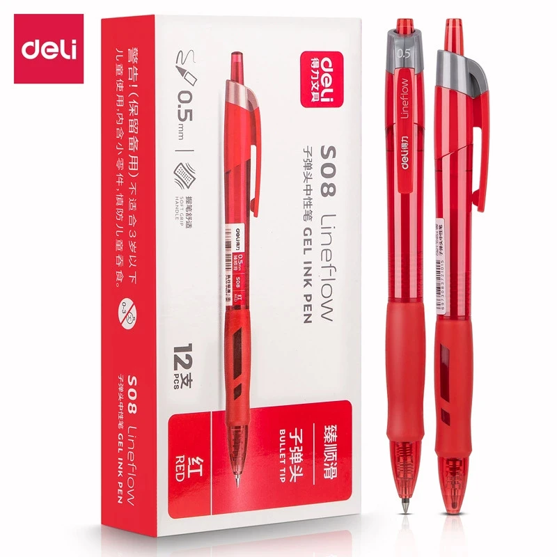 DELI gelinktpen 0,5 mm 12 stuks/doos - intrekbare kantoorpen met zachte grip en zwarte/blauwe/rode gladde inkt