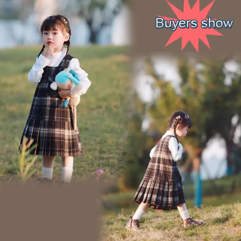 Childern Clothing Girl's School Uniform Sleeveless Plaid Preppy Pleated Hem Jumper Dress 3-14 Years Princess Skirt Pretty Dress